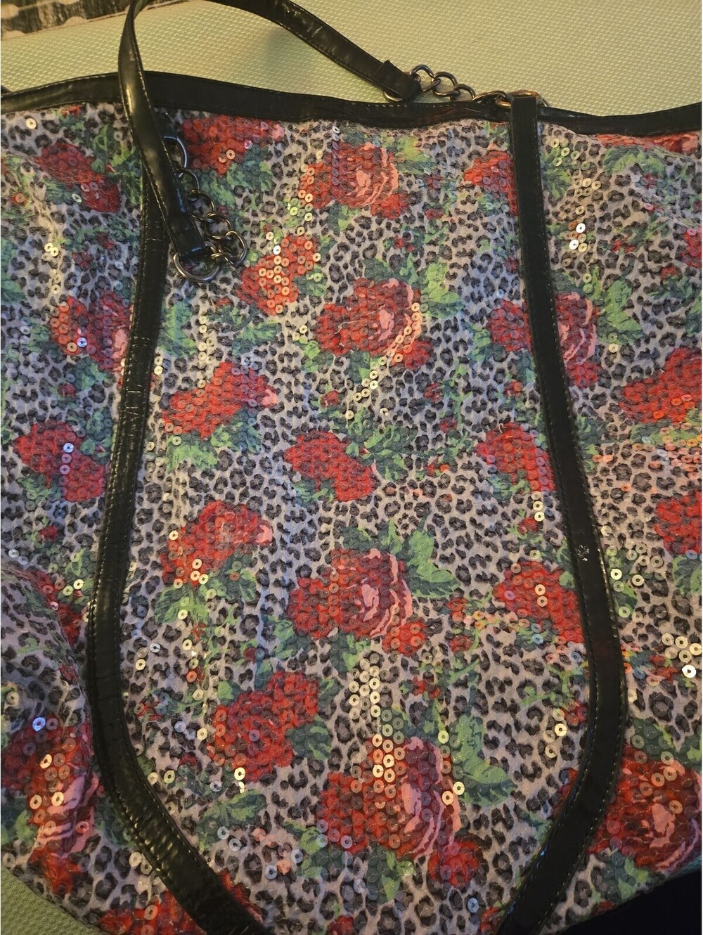 Betsey Johnson Leopard Floral Sequin Large Tote Bag - Picture 6 of 6